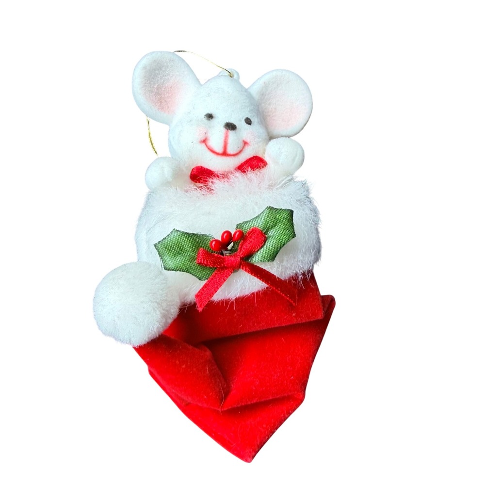 Vintage Avon Peek-A-Boo Mouse Christmas Ornament Red Stocking Flocked Mouse